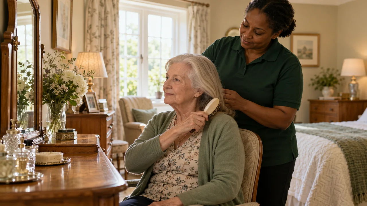 An older woman supported with her personal grooming routine