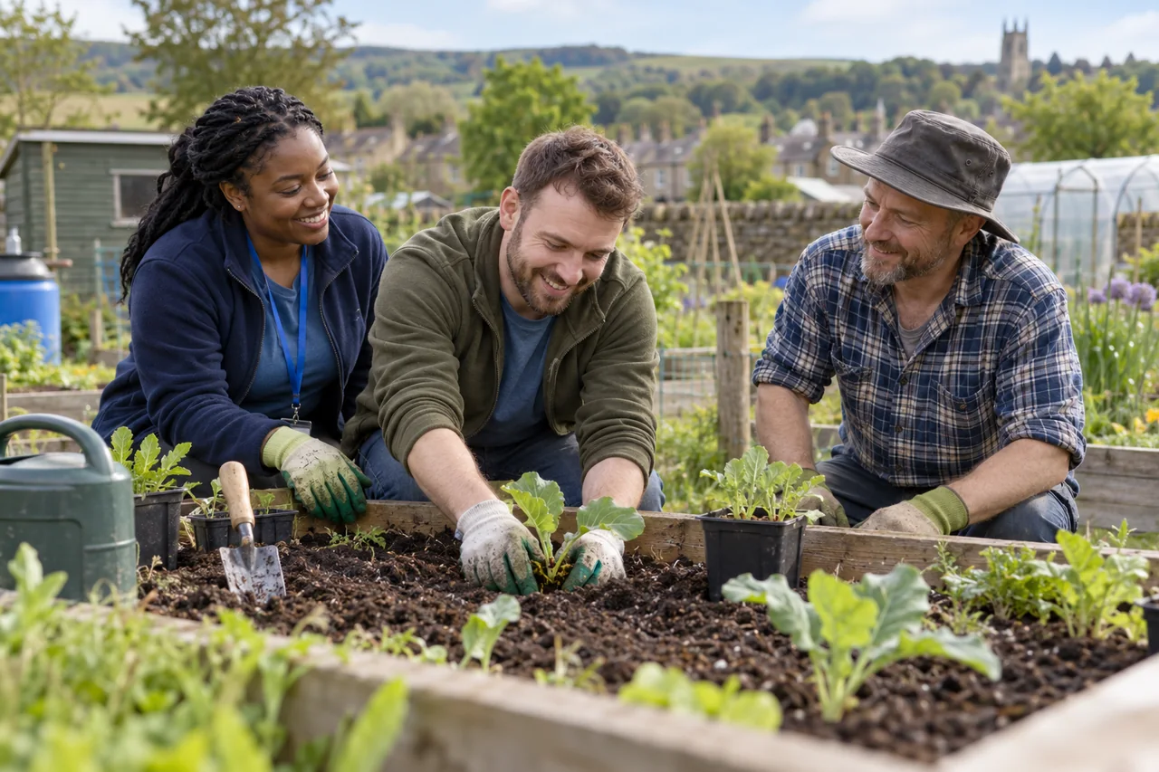 A man taking part in community gardening alongside his support worker