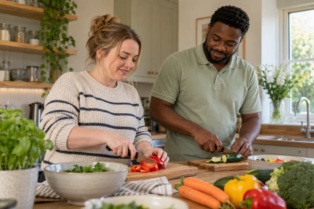 A person developing cooking skills with a support worker