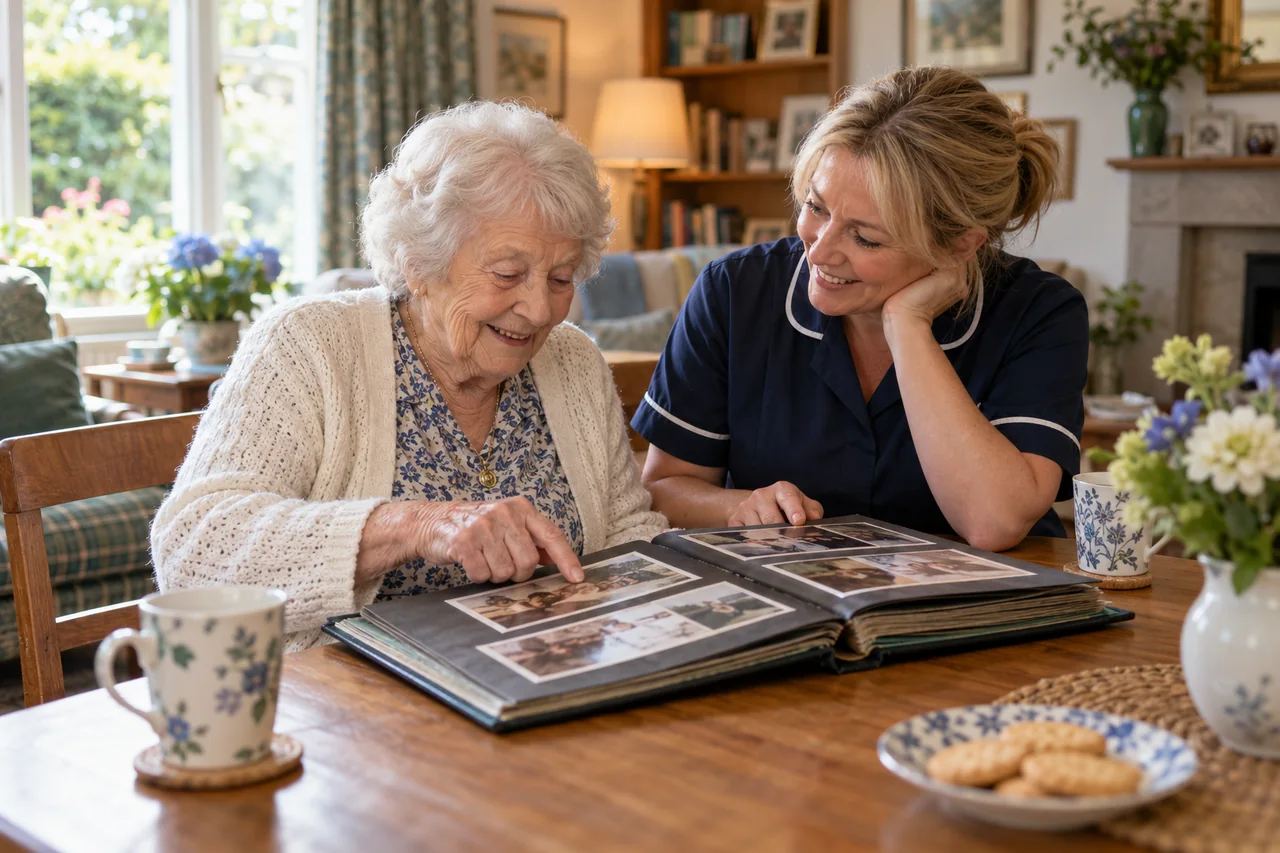 A care worker and older woman enjoying a familiar photo album at home
