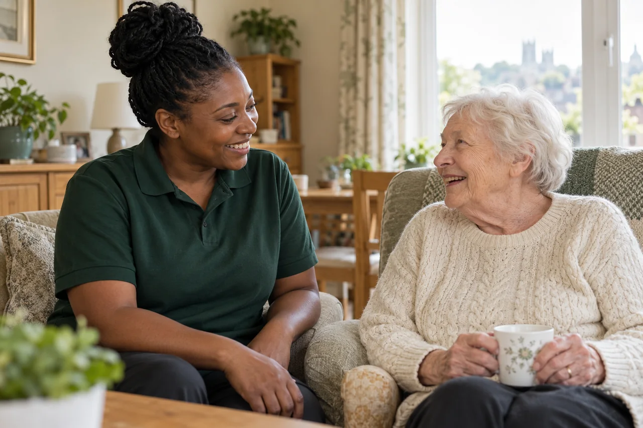 A care worker and older woman sharing a relaxed conversation at home