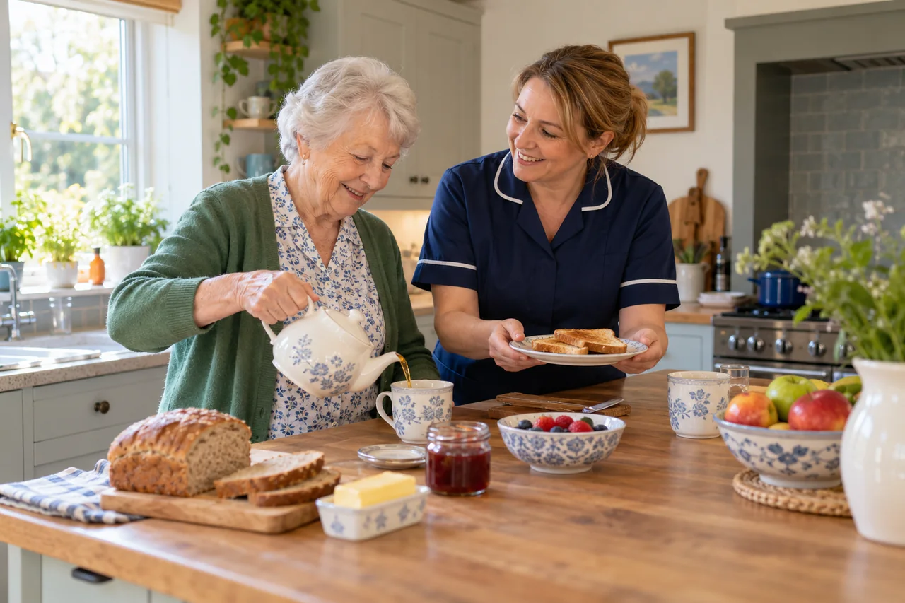An older woman sharing a relaxed breakfast routine with her care worker