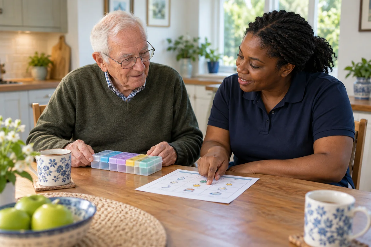 An older man reviewing his medication routine with a care worker