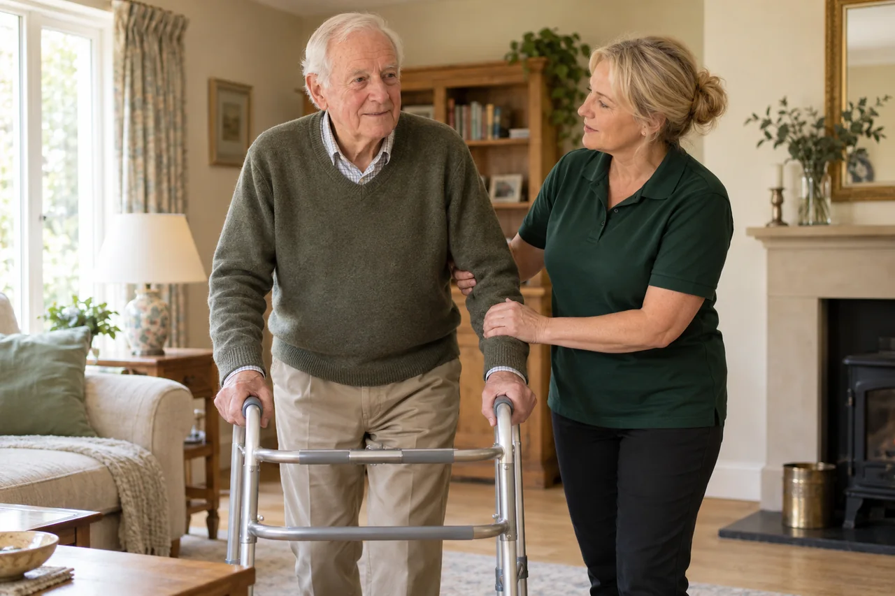 An older man supported to move confidently in his home