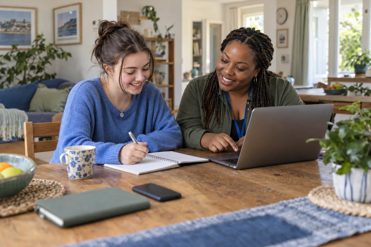 A young adult planning college and everyday independence with a support worker